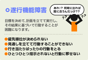 遂行機能障害：目標を決めて、計画を立てて実行し、その結果に基づいて行動することが困難になります。