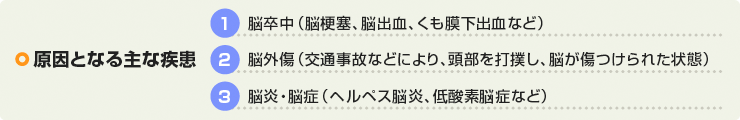 原因となる主な疾患：1位 脳卒中／2位 脳外傷／3位 脳炎・脳症